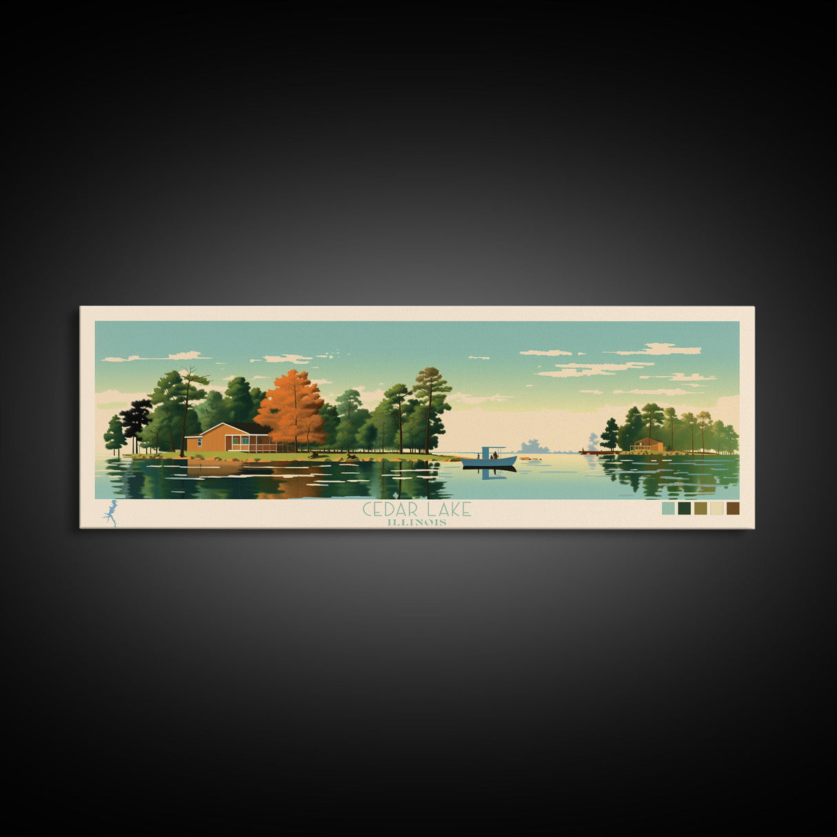 Lakes Cedar, Illinois Panoramic Wall Art Framed Canvas Print, Midcentury Modern, Pop Art, Home Decor, Travel Poster, Bedroom Art