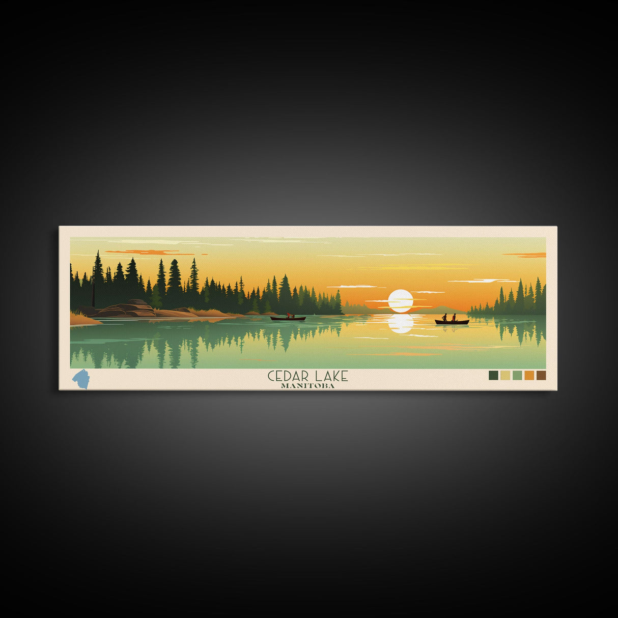 Lakes Cedar, Manitoba Panoramic Wall Art Framed Canvas Print, Midcentury Modern, Pop Art, Home Decor, Travel Poster, Living Room Art