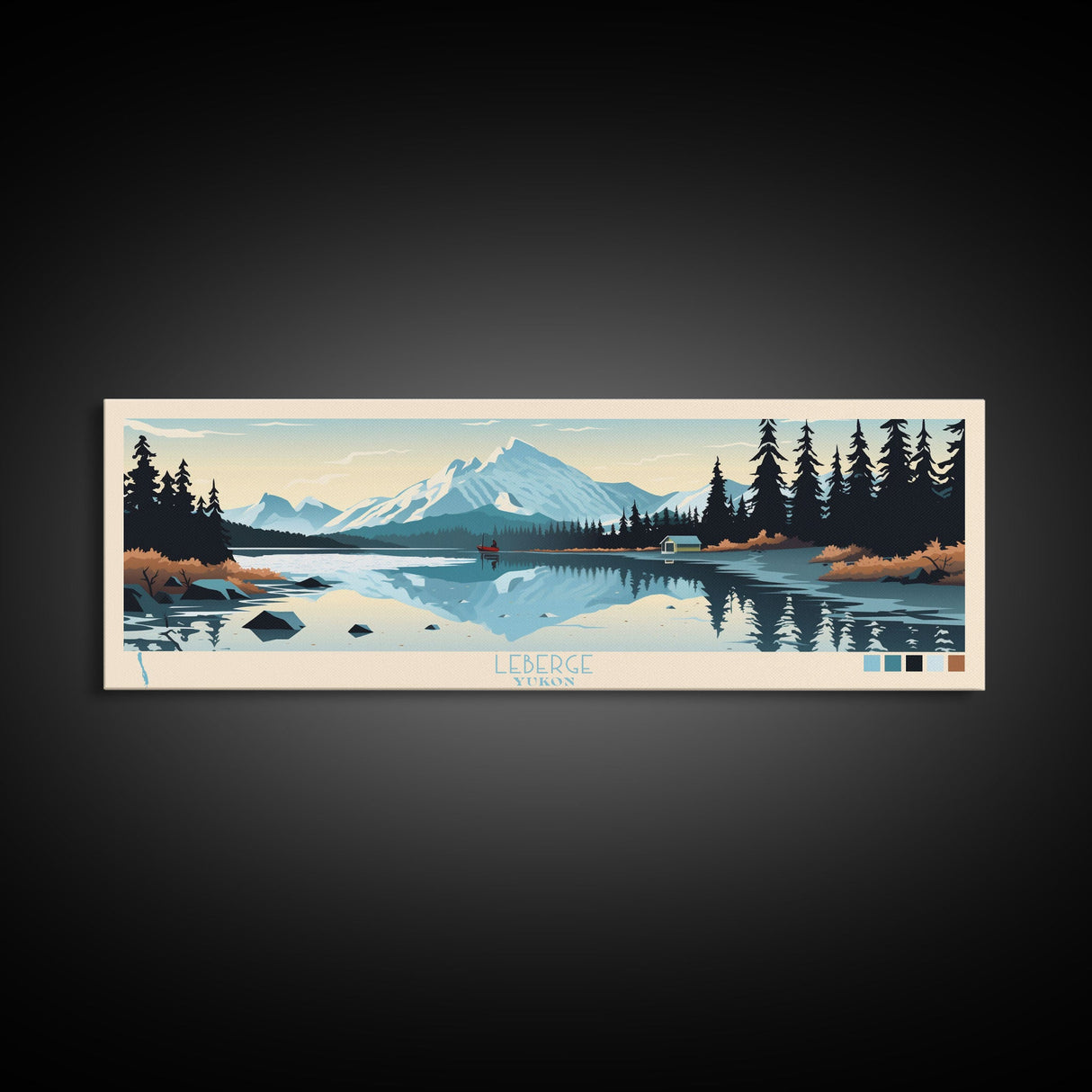 Leberge Lake, Yukon Panoramic Wall Art Framed Canvas Print, Midcentury Modern, Pop Art, Home Decor, Travel Poster, Bedroom Art