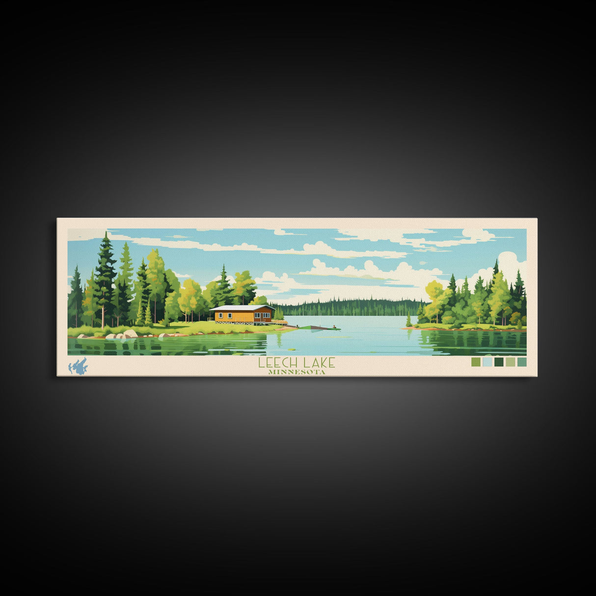 Leech Lake, Minnesota Panoramic Wall Art Framed Canvas Print, Midcentury Modern, Pop Art, Home Decor, Travel Poster, Living Room Art