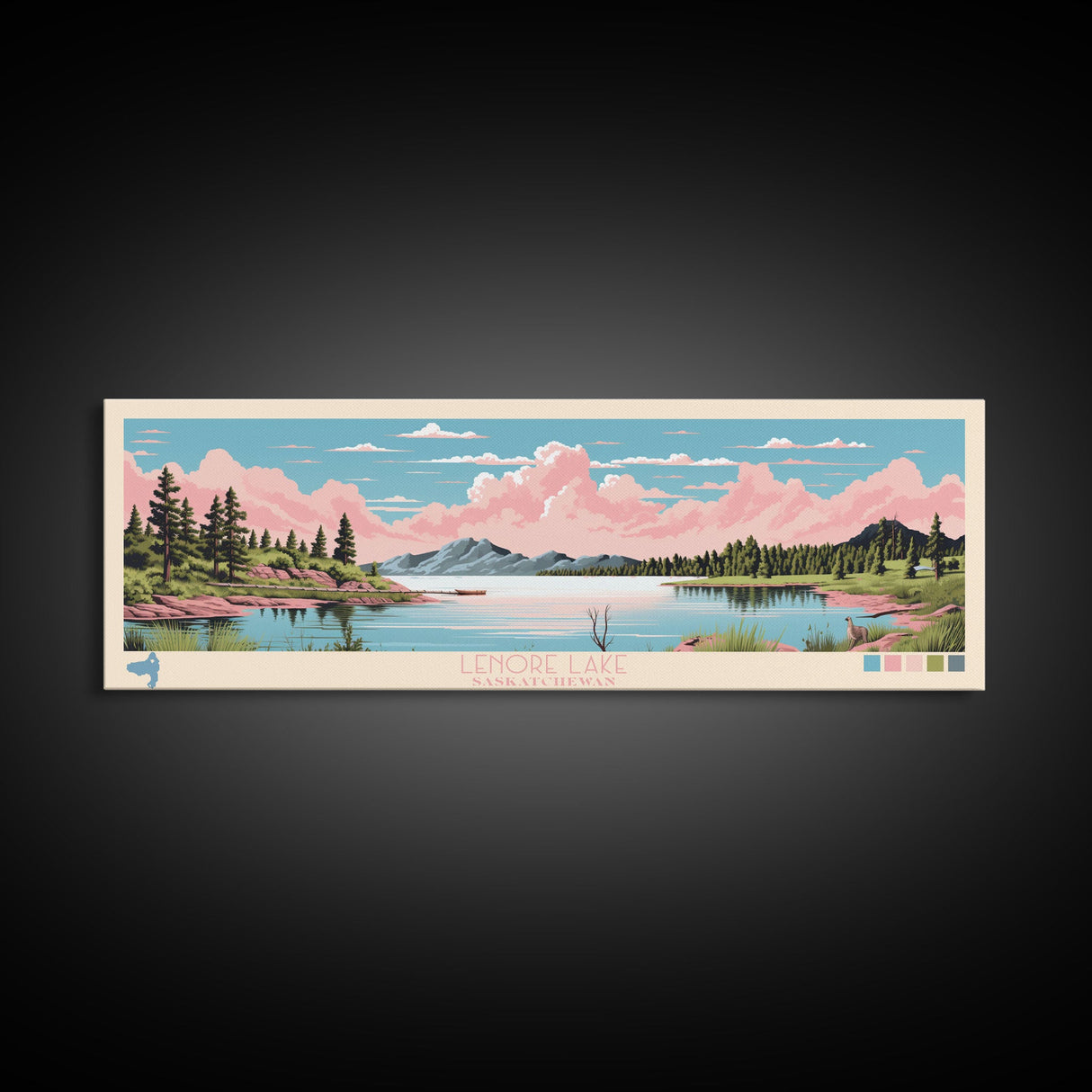 Leigh Lake, Wyoming Panoramic Wall Art Framed Canvas Print, Midcentury Modern, Pop Art, Home Decor, Travel Poster, Bedroom Art