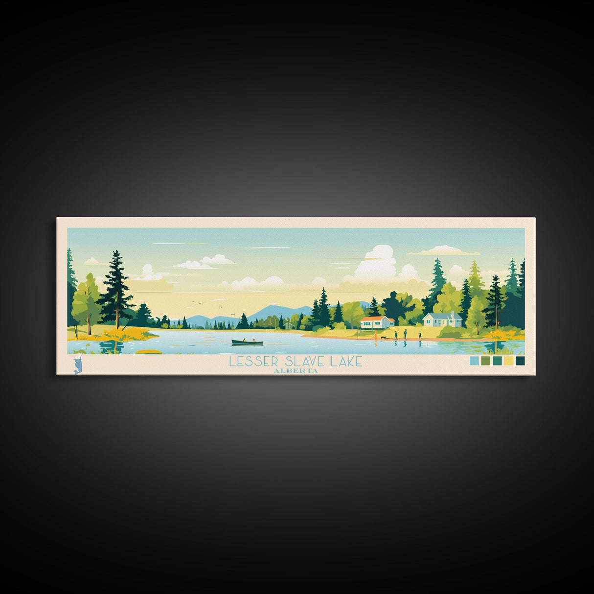 Lenore Lake, Saskatchewan Panoramic Wall Art Framed Canvas Print, Midcentury Modern, Pop Art, Home Decor, Travel Poster, Living Room Art