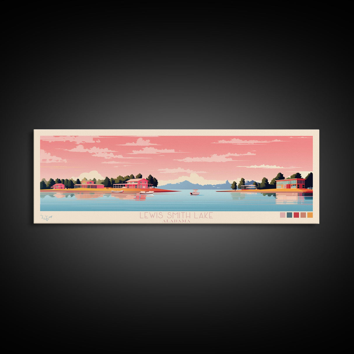 Lewis Smith Lake, Alabama Panoramic Wall Art Framed Canvas Print, Midcentury Modern, Pop Art, Home Decor, Travel Poster, Living Room Art