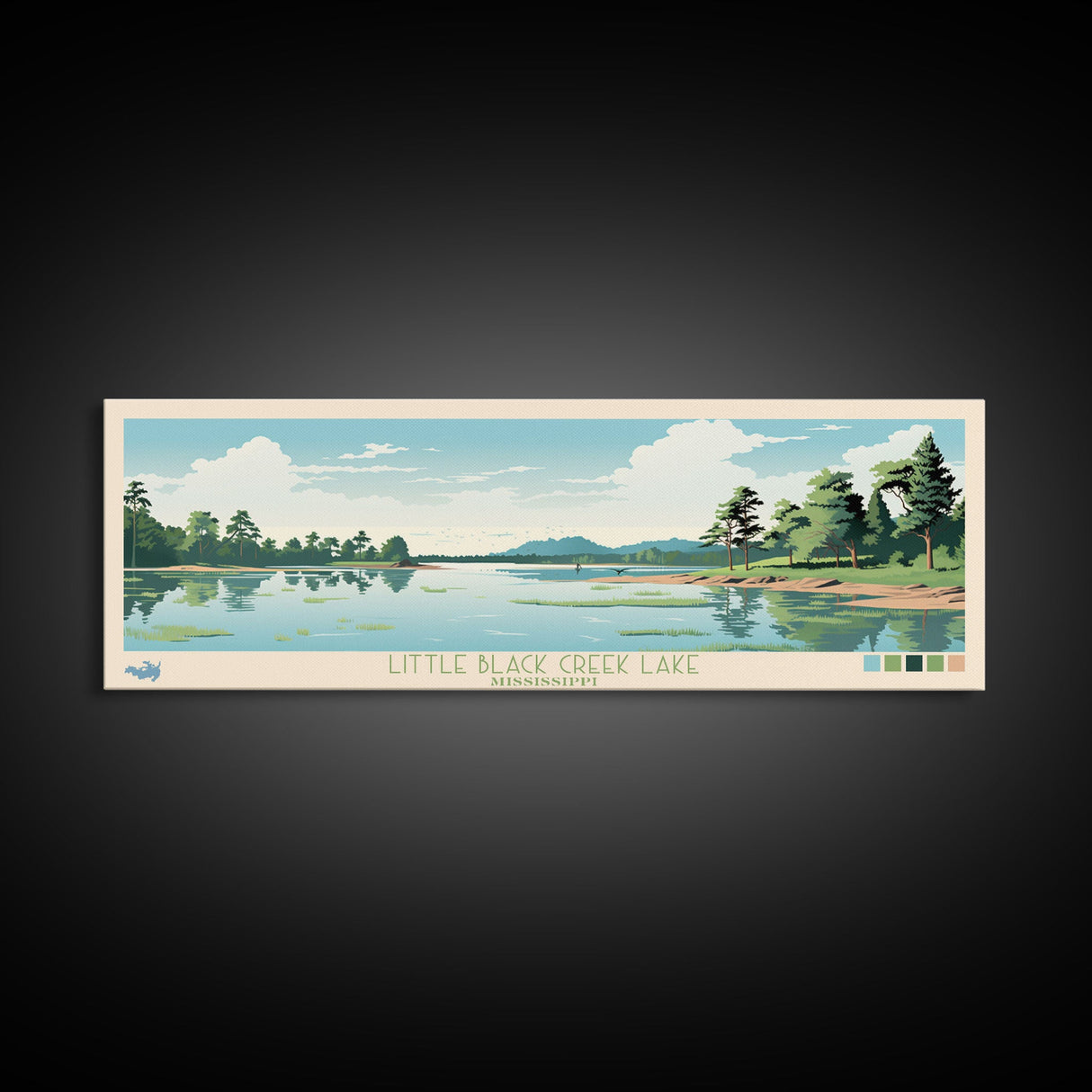 Little Black Creek Lake, Mississippi Panoramic Wall Art Framed Canvas Print, Midcentury Modern, Pop Art, Home Decor, Travel Poster, Bedroom Art