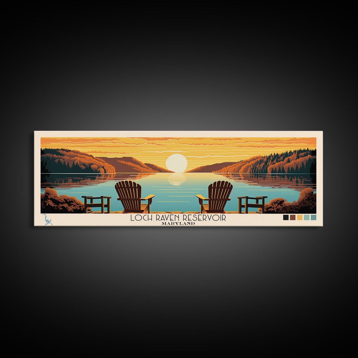 Loch Raven Reservoir, Maryland Panoramic Wall Art Framed Canvas Print, Midcentury Modern, Pop Art, Home Decor, Travel Poster, Living Room Art