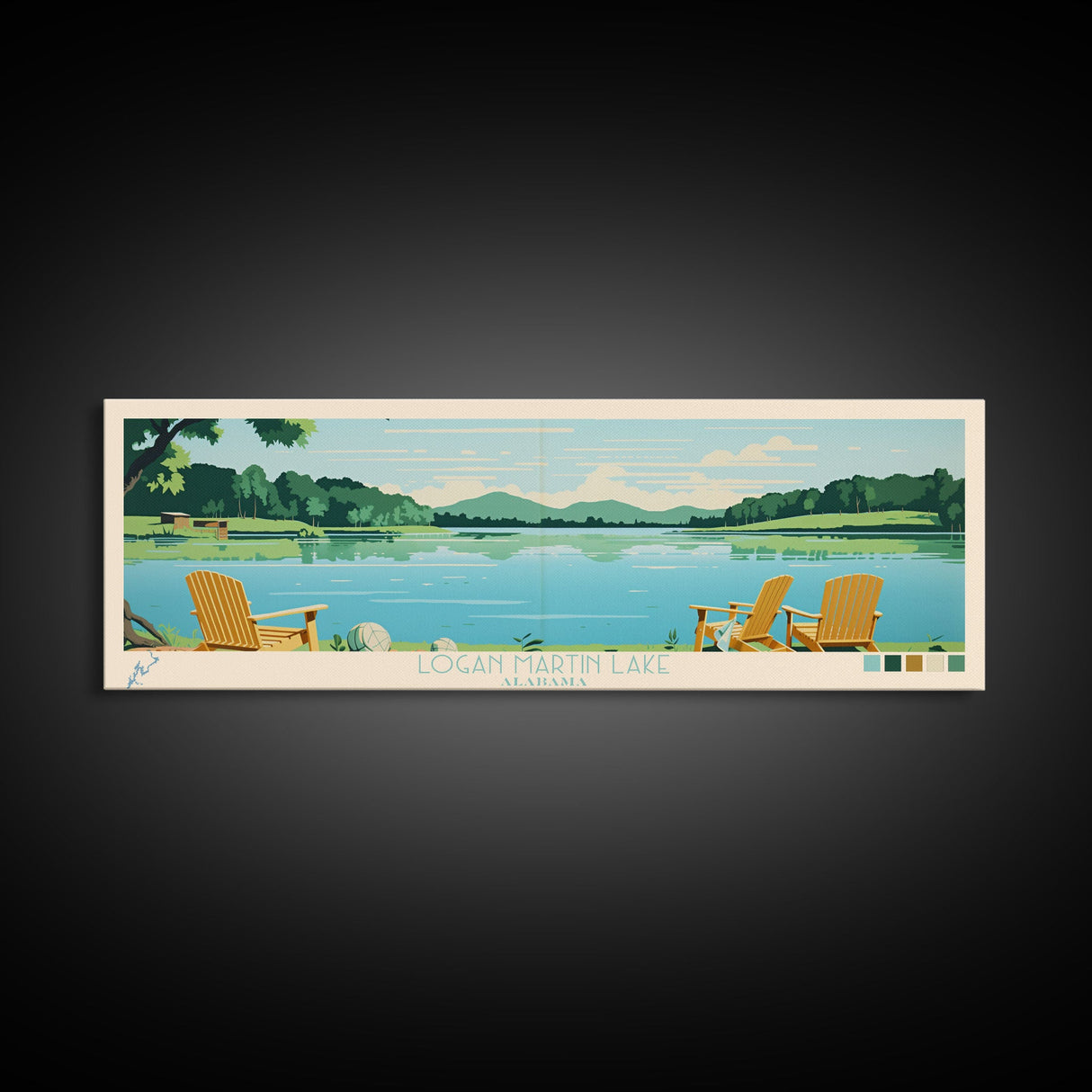 Logan Martin Lake, Alabama Panoramic Wall Art Framed Canvas Print, Midcentury Modern, Pop Art, Home Decor, Travel Poster, Bedroom Art