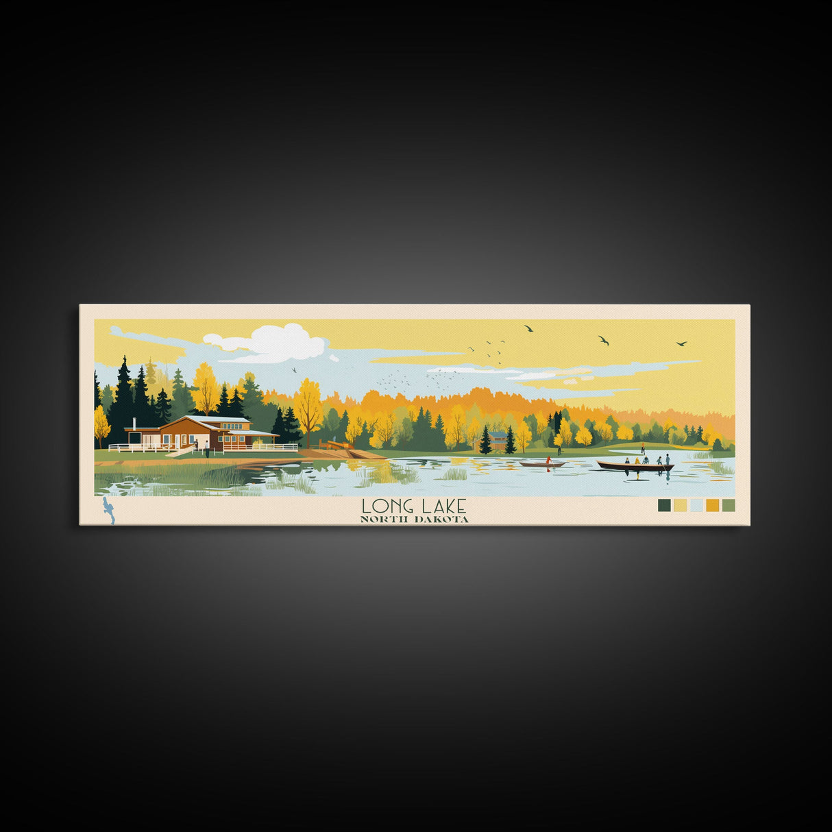 Long Lake, North Dakota Panoramic Wall Art Framed Canvas Print, Midcentury Modern, Pop Art, Home Decor, Travel Poster, Living Room Art