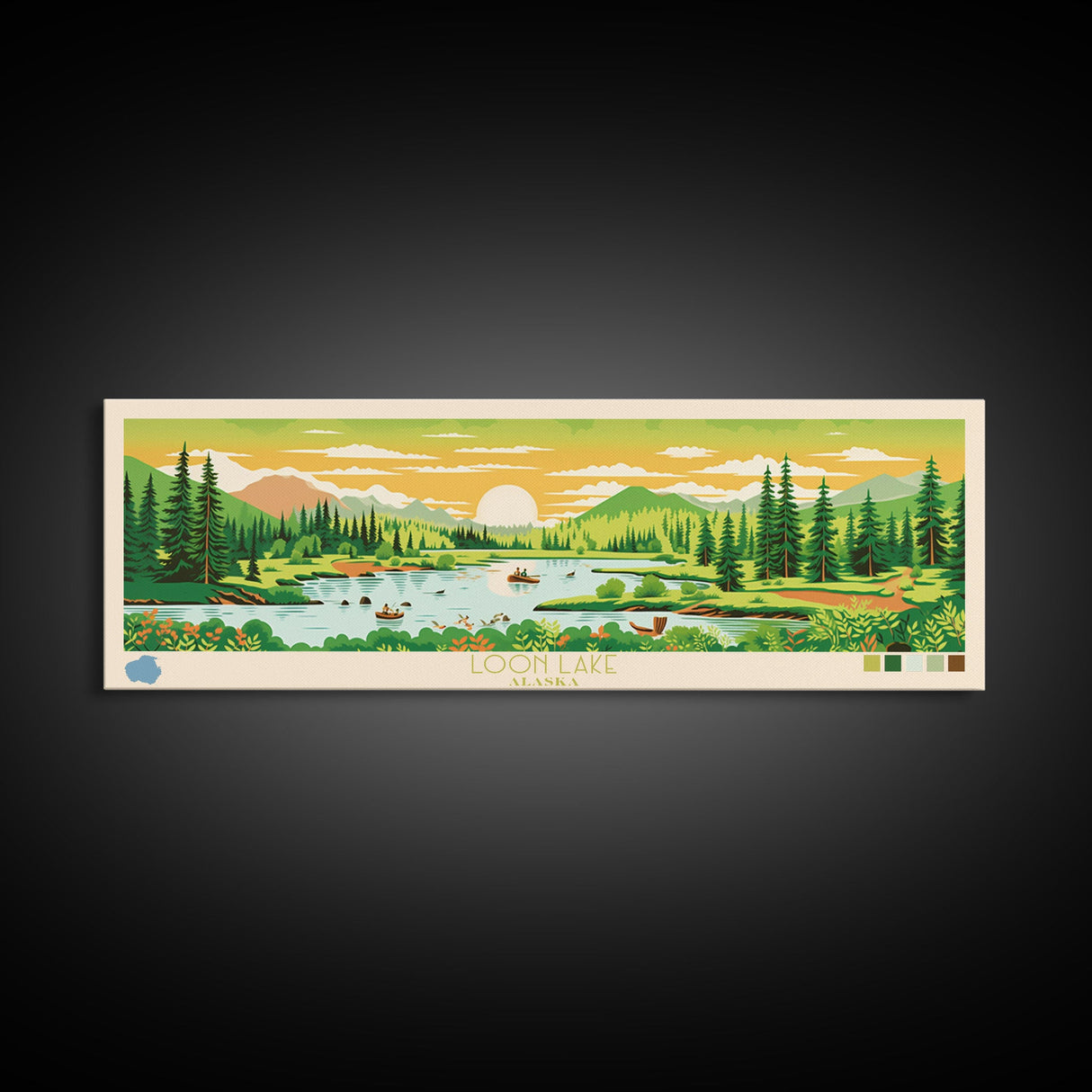 Loon Lake, Alaska Panoramic Wall Art Framed Canvas Print, Midcentury Modern, Pop Art, Home Decor, Travel Poster, Living Room Art