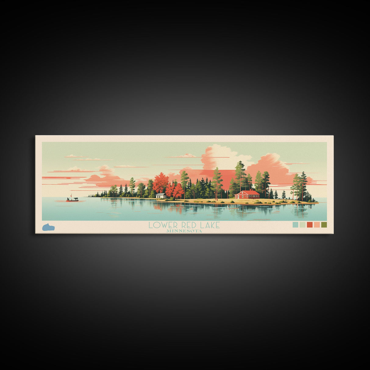 Lower Red Lake, Minnesota Panoramic Wall Art Framed Canvas Print, Midcentury Modern, Pop Art, Home Decor, Travel Poster, Living Room Art