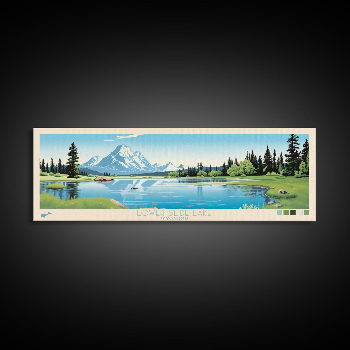 Lower Slide Lake, Wyoming Panoramic Wall Art Framed Canvas Print, Midcentury Modern, Pop Art, Home Decor, Travel Poster, Living Room Art