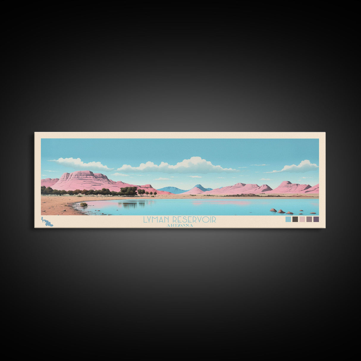 Lyman Reservoir, Arizona Panoramic Wall Art Framed Canvas Print, Midcentury Modern, Pop Art, Home Decor, Travel Poster, Bedroom Art