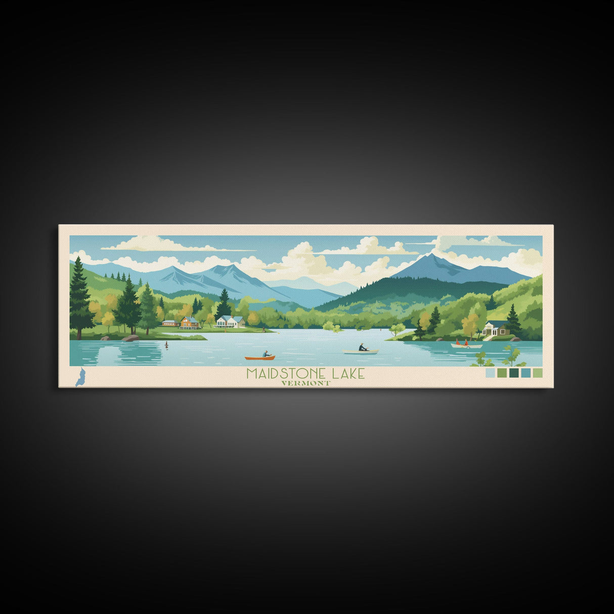 Maidstone Lake, Vermont Panoramic Wall Art Framed Canvas Print, Midcentury Modern, Pop Art, Home Decor, Travel Poster, Bedroom Art