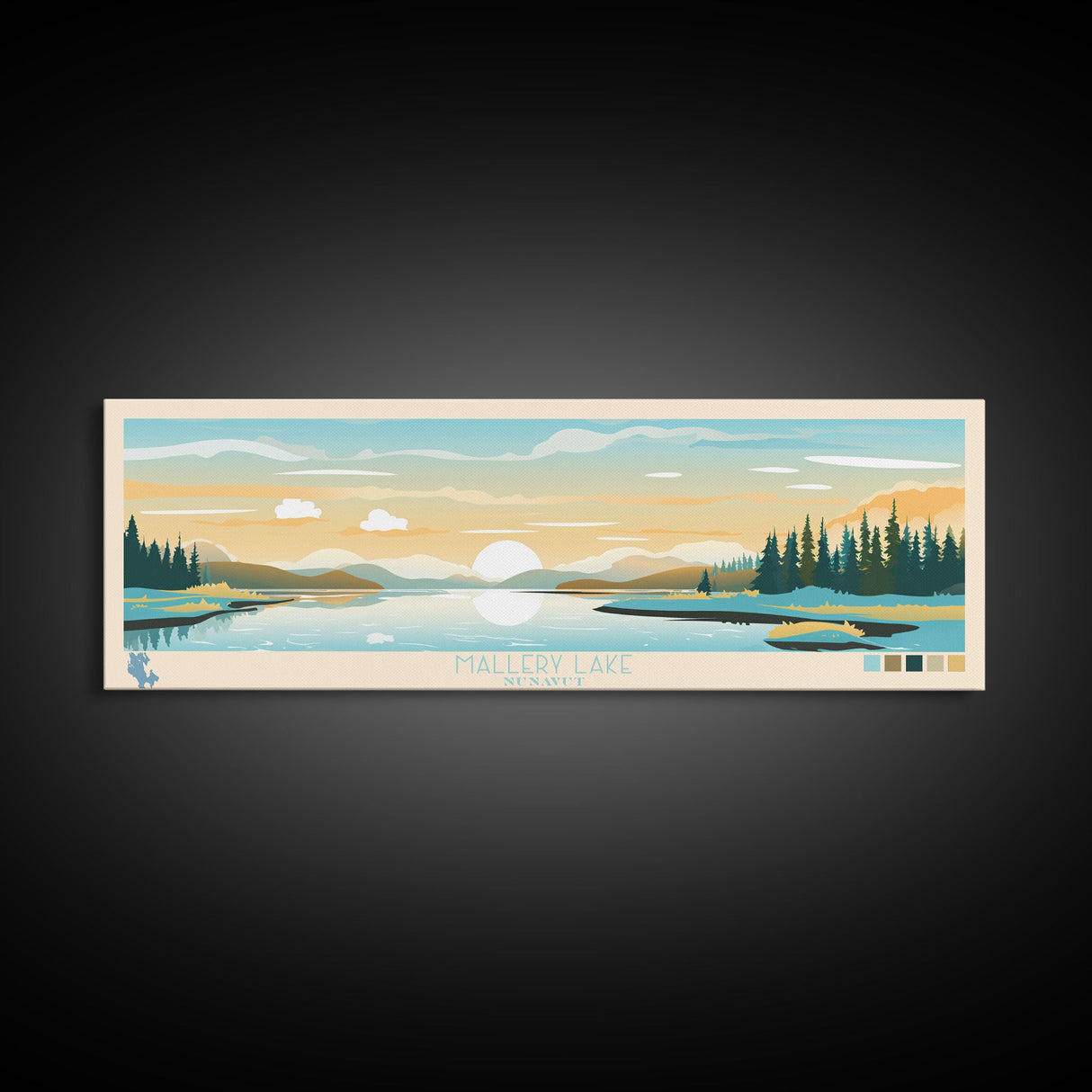 Mallery Lake, Nunavut Panoramic Wall Art Framed Canvas Print, Midcentury Modern, Pop Art, Home Decor, Travel Poster, Bedroom Art