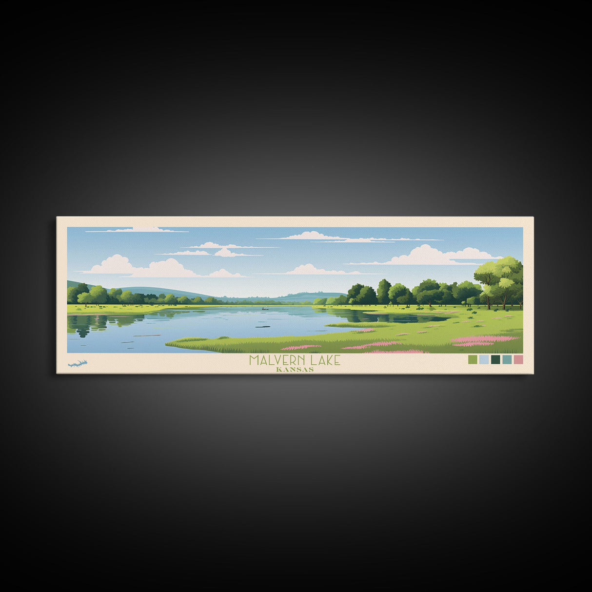 Malvern Lake, Kansas Panoramic Wall Art Framed Canvas Print, Midcentury Modern, Pop Art, Home Decor, Travel Poster, Living Room Art