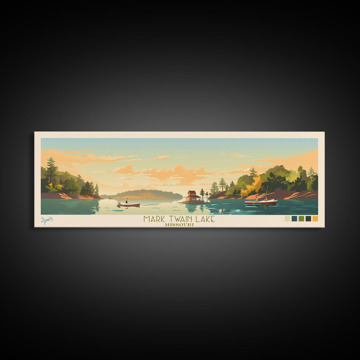 Mark Twain Lake, Missouri Panoramic Wall Art Framed Canvas Print, Midcentury Modern, Pop Art, Home Decor, Travel Poster, Bedroom Art