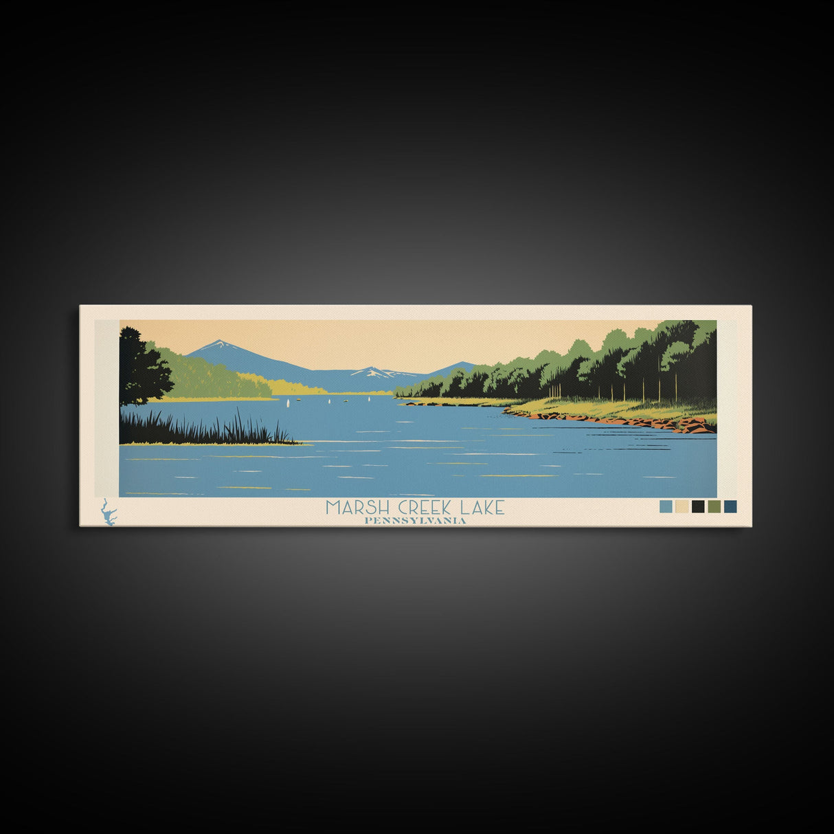 Marsh Creek Lake, Pennsylvania Panoramic Wall Art Framed Canvas Print, Midcentury Modern, Pop Art, Home Decor, Travel Poster, Bedroom Art