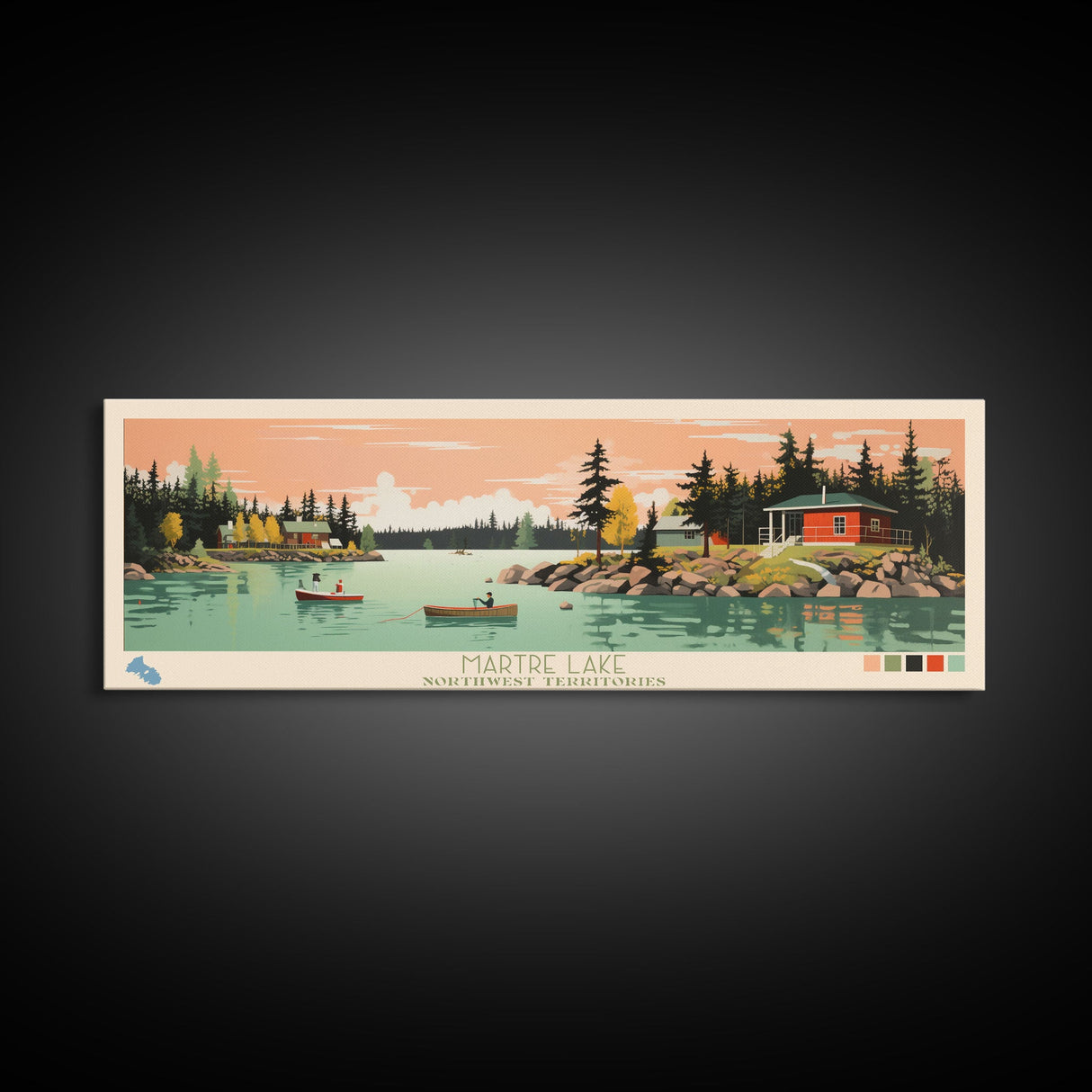 Martre Lake, Northwest Territories Panoramic Wall Art Framed Canvas Print, Midcentury Modern, Pop Art, Home Decor, Travel Poster, Living Room Art