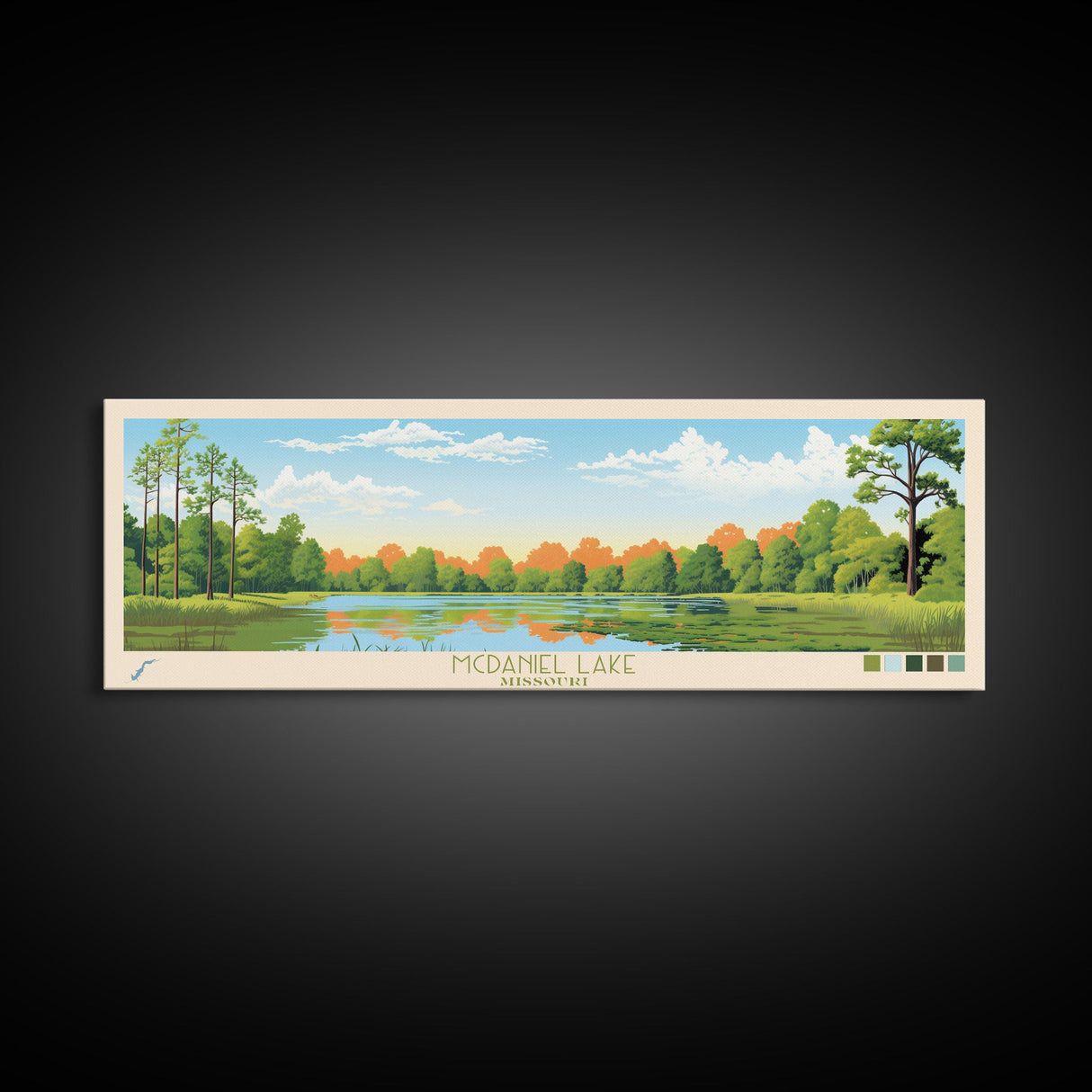 McDaniel Lake, Missouri Panoramic Wall Art Framed Canvas Print, Midcentury Modern, Pop Art, Home Decor, Travel Poster, Living Room Art