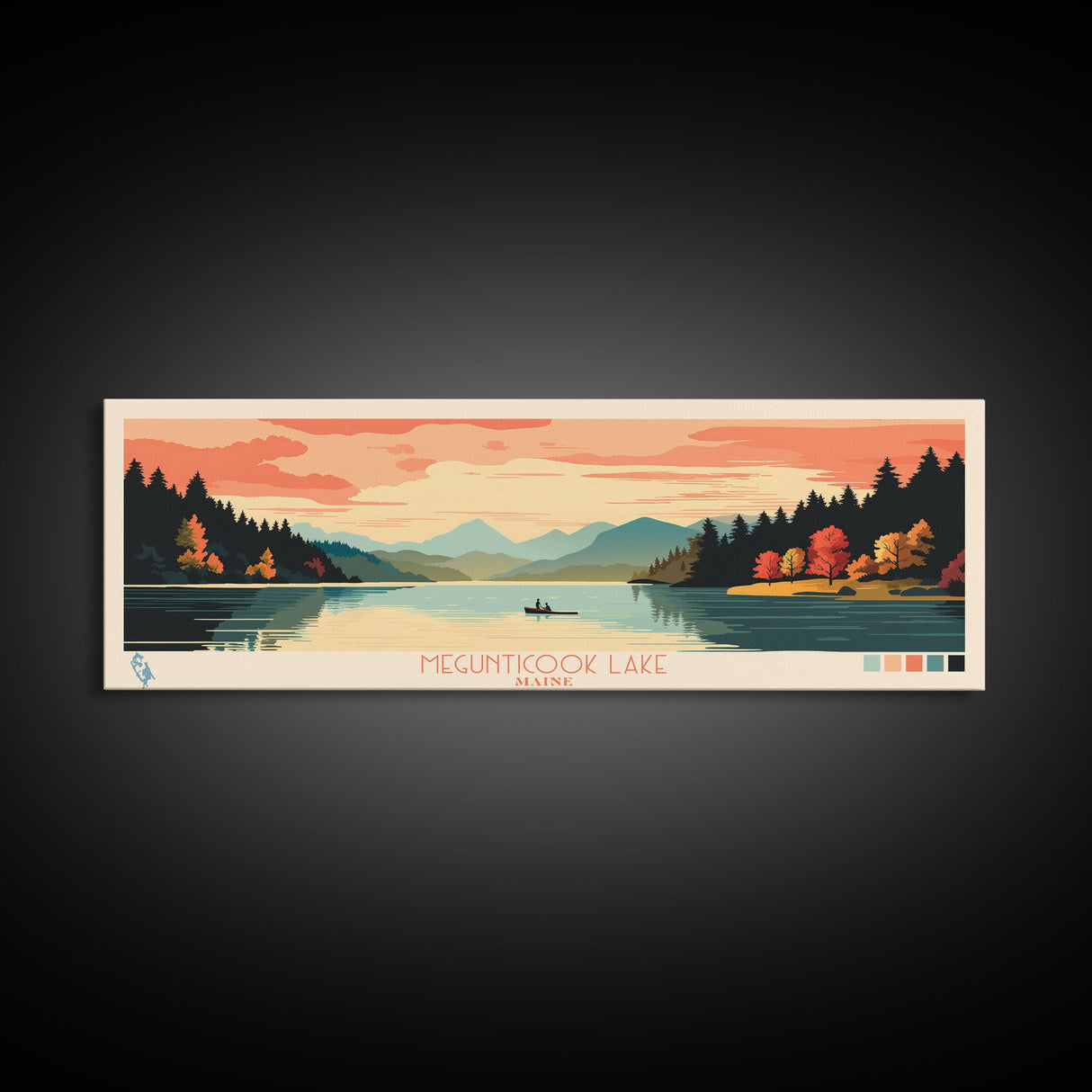 Megunticook Lake, Maine Panoramic Wall Art Framed Canvas Print, Midcentury Modern, Pop Art, Home Decor, Travel Poster, Living Room Art