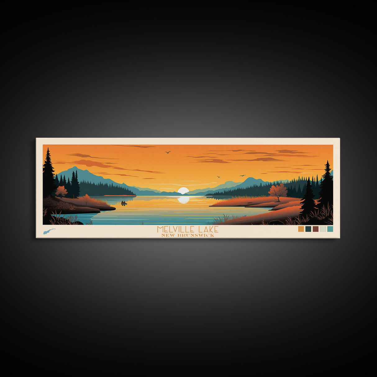 Melville Lake, New Brunswick Panoramic Wall Art Framed Canvas Print, Midcentury Modern, Pop Art, Home Decor, Travel Poster, Bedroom Art