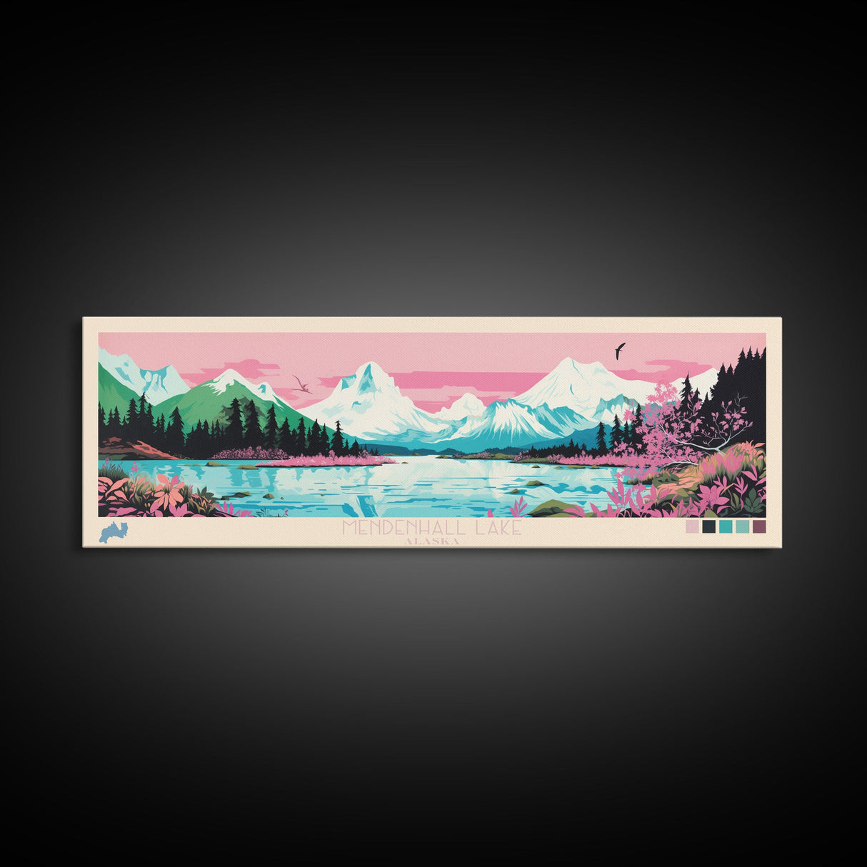 Mendenhall Lake, Alaska Panoramic Wall Art Framed Canvas Print, Midcentury Modern, Pop Art, Home Decor, Travel Poster, Living Room Art