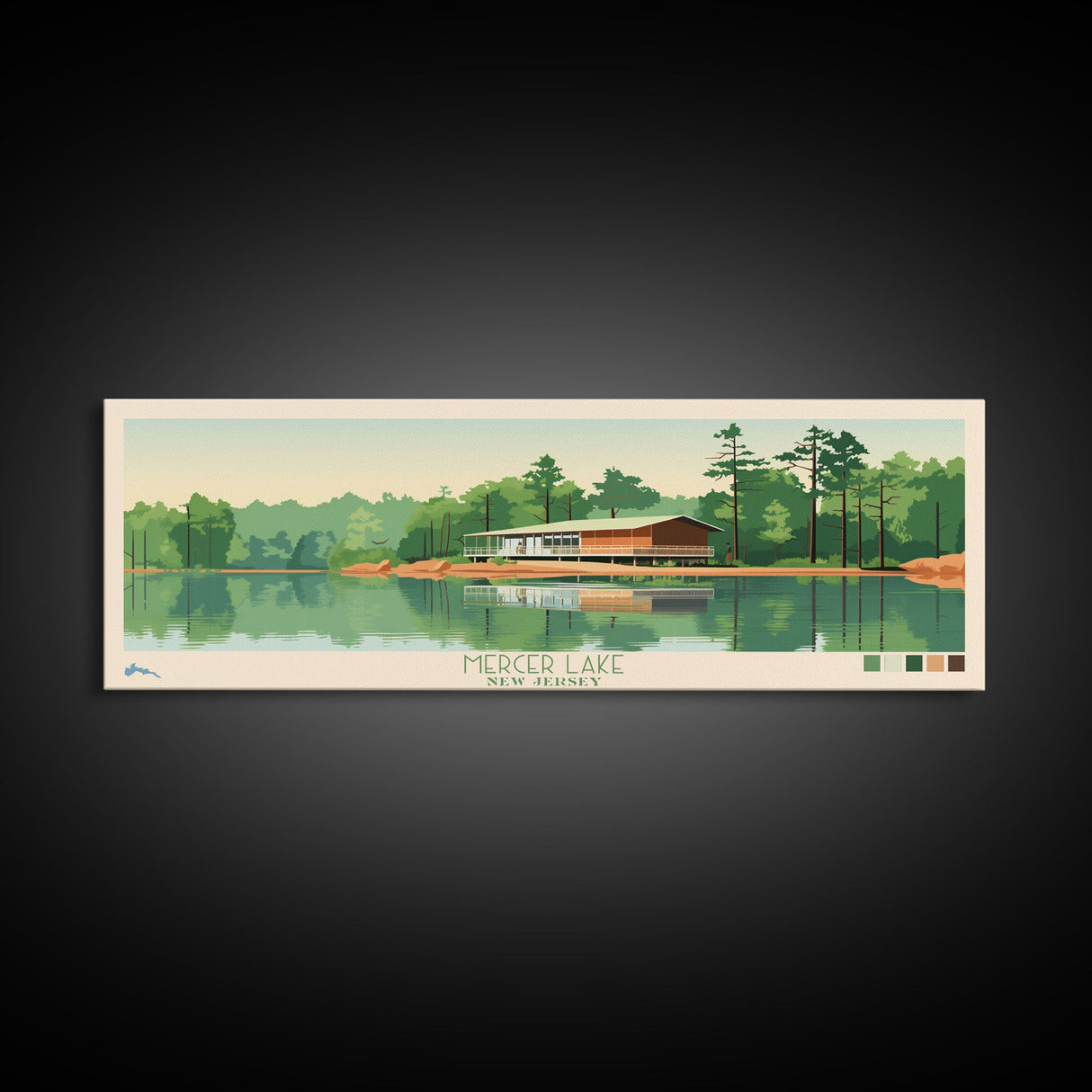 Mercer Lake, New Jersey Panoramic Wall Art Framed Canvas Print, Midcentury Modern, Pop Art, Home Decor, Travel Poster, Bedroom Art