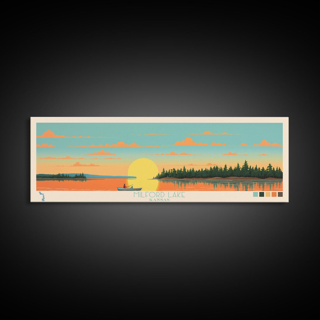 Milford Lake, Kansas Panoramic Wall Art Framed Canvas Print, Midcentury Modern, Pop Art, Home Decor, Travel Poster, Living Room Art