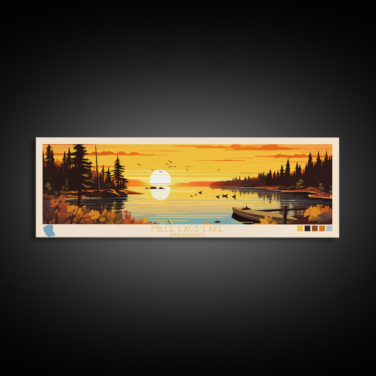 Mille Lacs Lake, Minnesota Framed Canvas Print, Panoramic Wall Art, Midcentury Modern, Pop Art, Home Decor, Travel Poster, Living Room Art