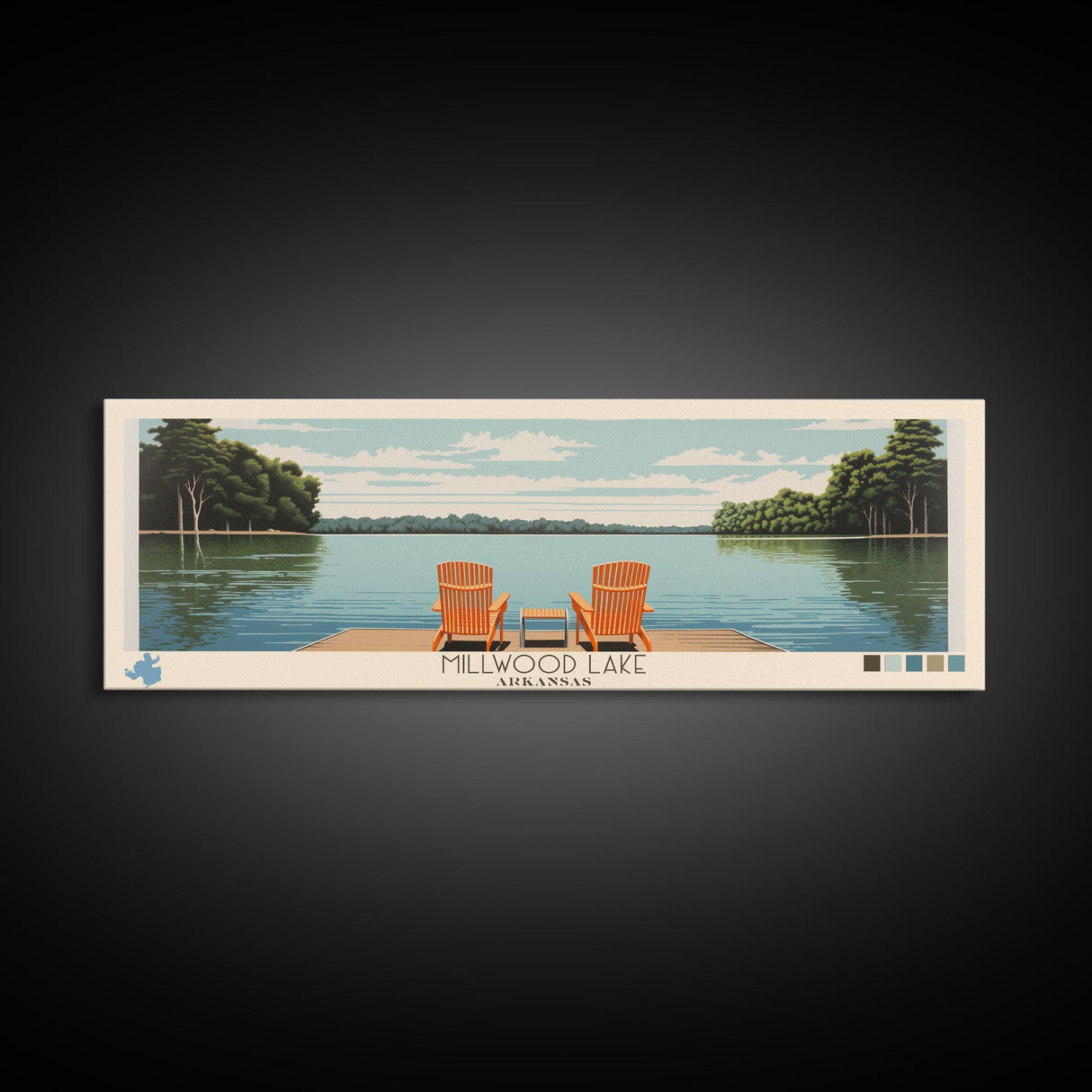 Millwood Lake, Arkansas Framed Canvas Print, Panoramic Wall Art, Midcentury Modern, Pop Art, Home Decor, Travel Poster, Bedroom Art