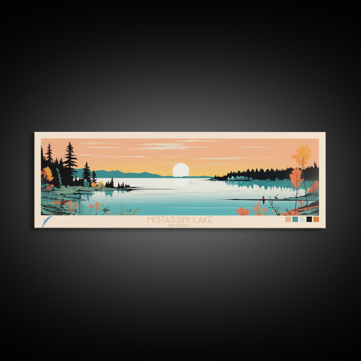 Mistassini Lake, Quebec Framed Canvas Print, Panoramic Wall Art, Midcentury Modern, Pop Art, Home Decor, Travel Poster, Bedroom Art