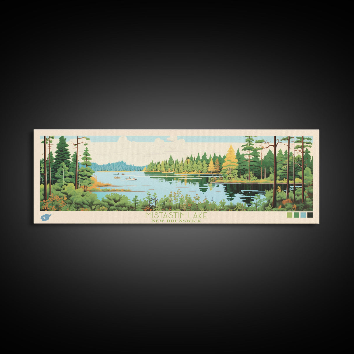 Mistastin Lake, New Brunswick Framed Canvas Print, Panoramic Wall Art, Midcentury Modern, Pop Art, Home Decor, Travel Poster, Living Room Art