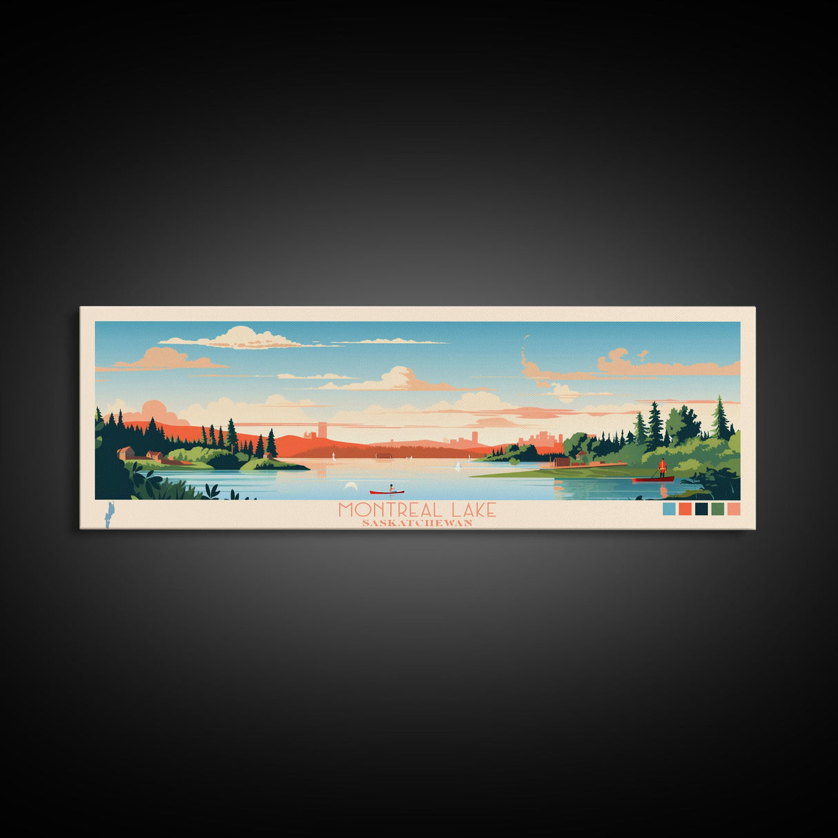 Montreal Lake, Saskatchewan Framed Canvas Print, Panoramic Wall Art, Midcentury Modern, Pop Art, Home Decor, Travel Poster, Living Room Art