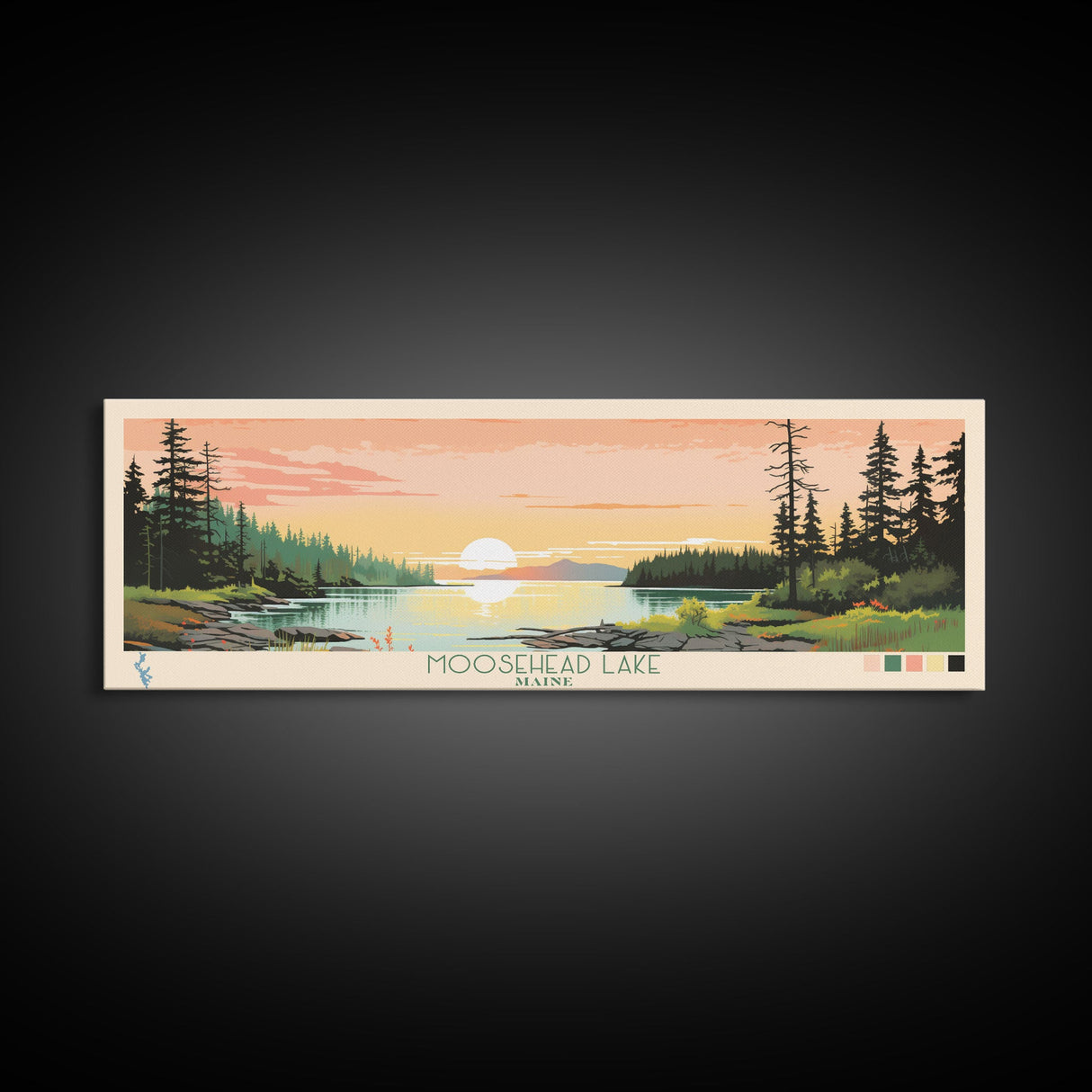 Moosehead Lake, Maine Framed Canvas Print, Panoramic Wall Art, Midcentury Modern, Pop Art, Home Decor, Travel Poster, Bedroom Art