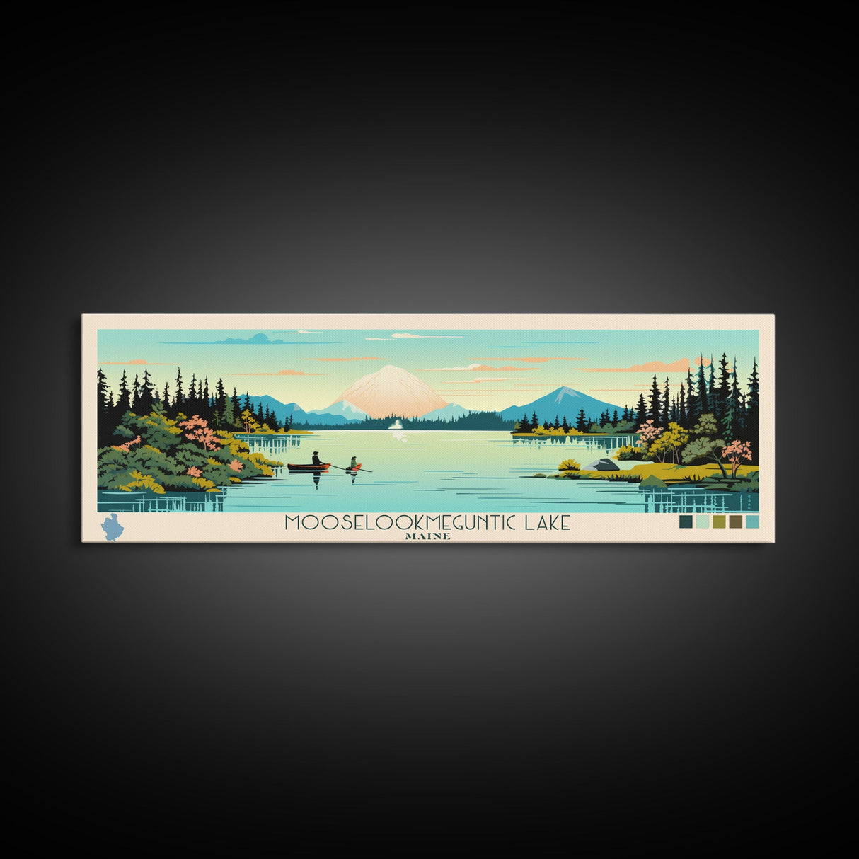 Mooselookmeguntic Lake, Maine Framed Canvas Print, Panoramic Wall Art, Midcentury Modern, Pop Art, Home Decor, Travel Poster, Living Room Art