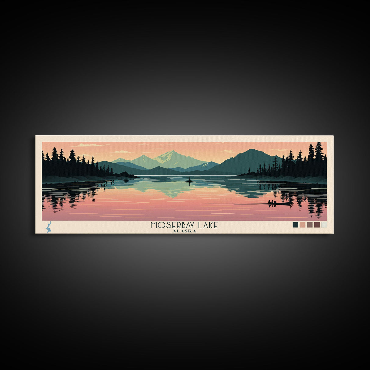 Moser Bay Lake, Alaska Framed Canvas Print, Panoramic Wall Art, Midcentury Modern, Pop Art, Home Decor, Travel Poster, Living Room Art