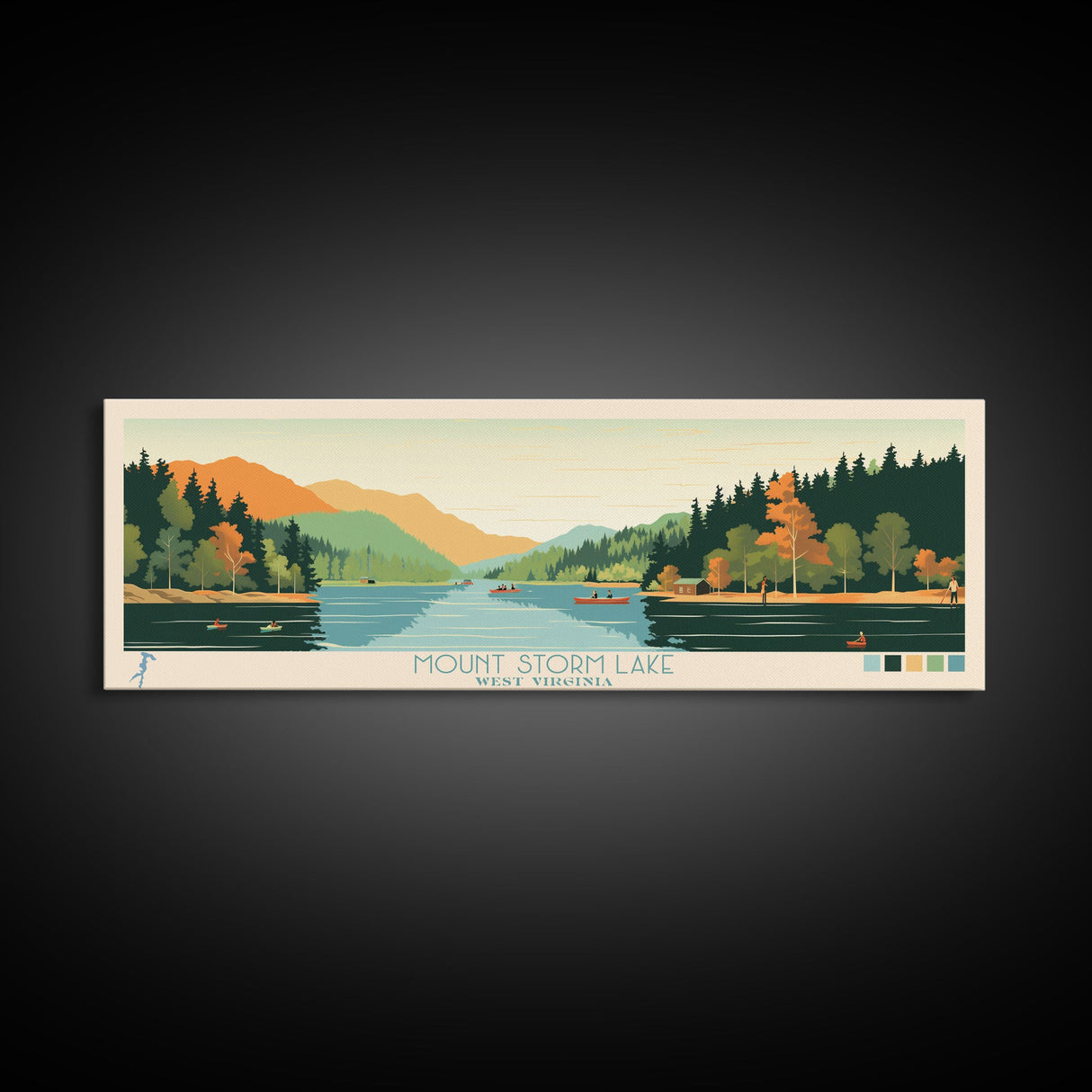 Mount Storm Lake, West Virginia Framed Canvas Print, Panoramic Wall Art, Midcentury Modern, Pop Art, Home Decor, Travel Poster, Living Room Art