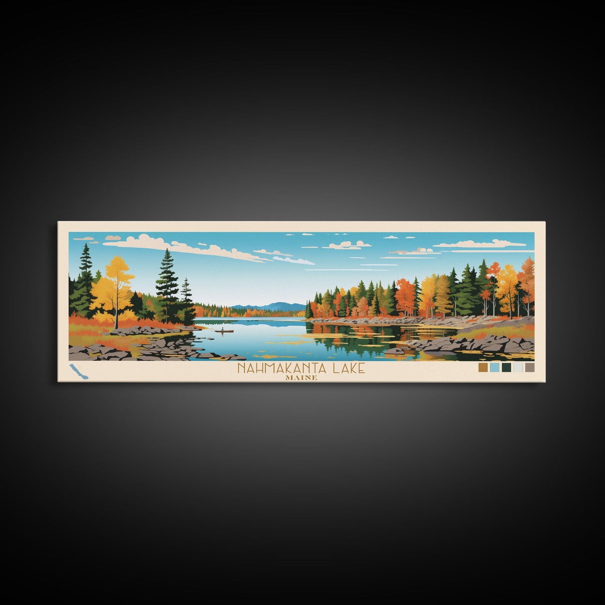 Nahmakanta Lake, Maine Framed Canvas Print, Panoramic Wall Art, Midcentury Modern, Pop Art, Home Decor, Travel Poster, Bedroom Art