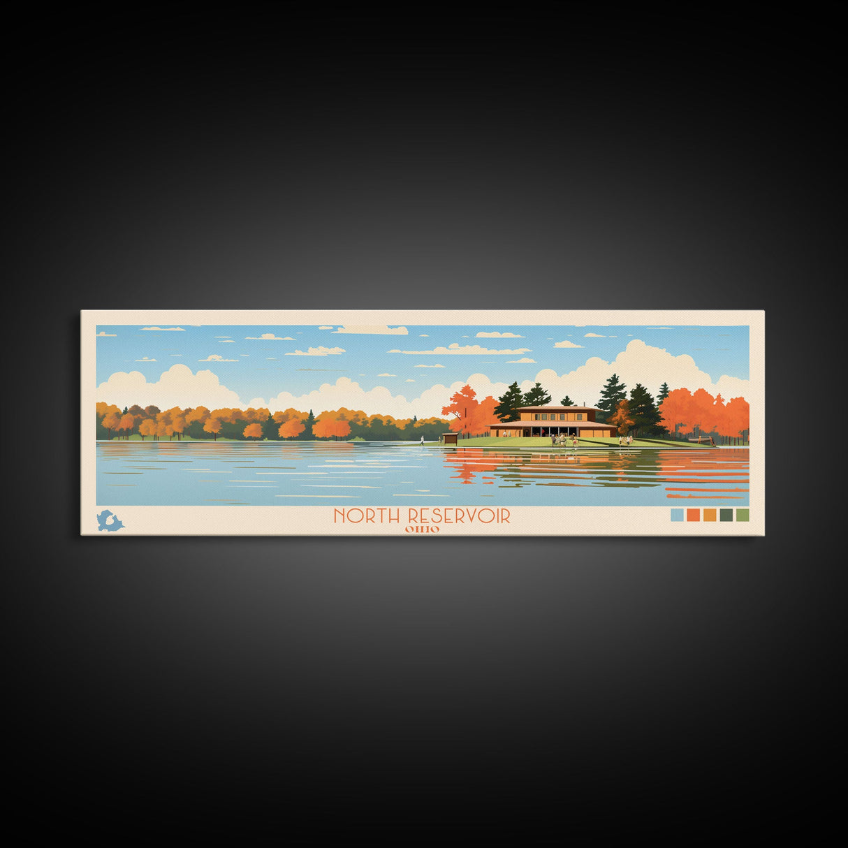 North Reservoir, Ohio Framed Canvas Print, Panoramic Wall Art, Midcentury Modern, Pop Art, Home Decor, Travel Poster, Living Room Art