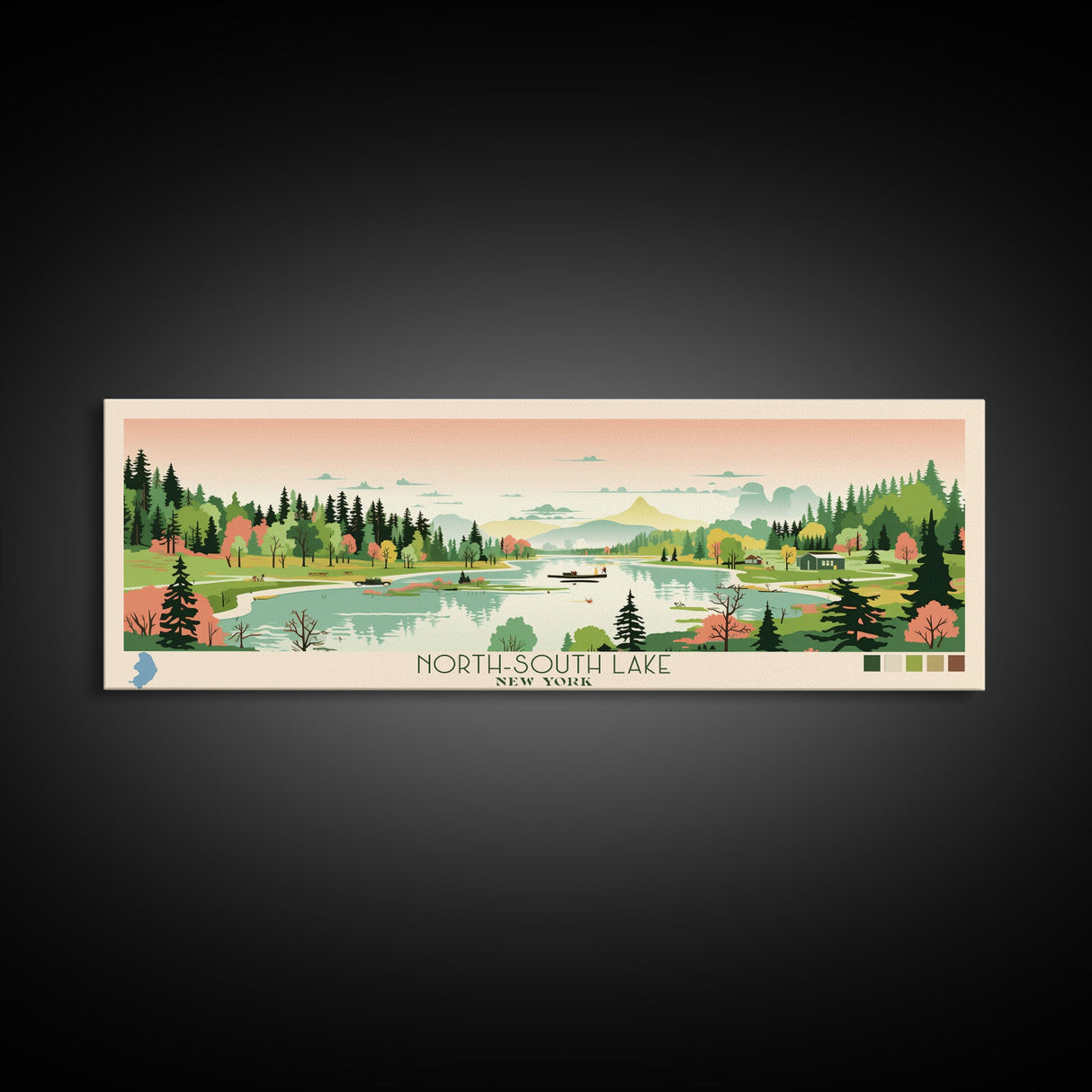 North Trout Lake, Wisconsin Framed Canvas Print, Panoramic Wall Art, Midcentury Modern, Pop Art, Home Decor, Travel Poster, Living Room Art