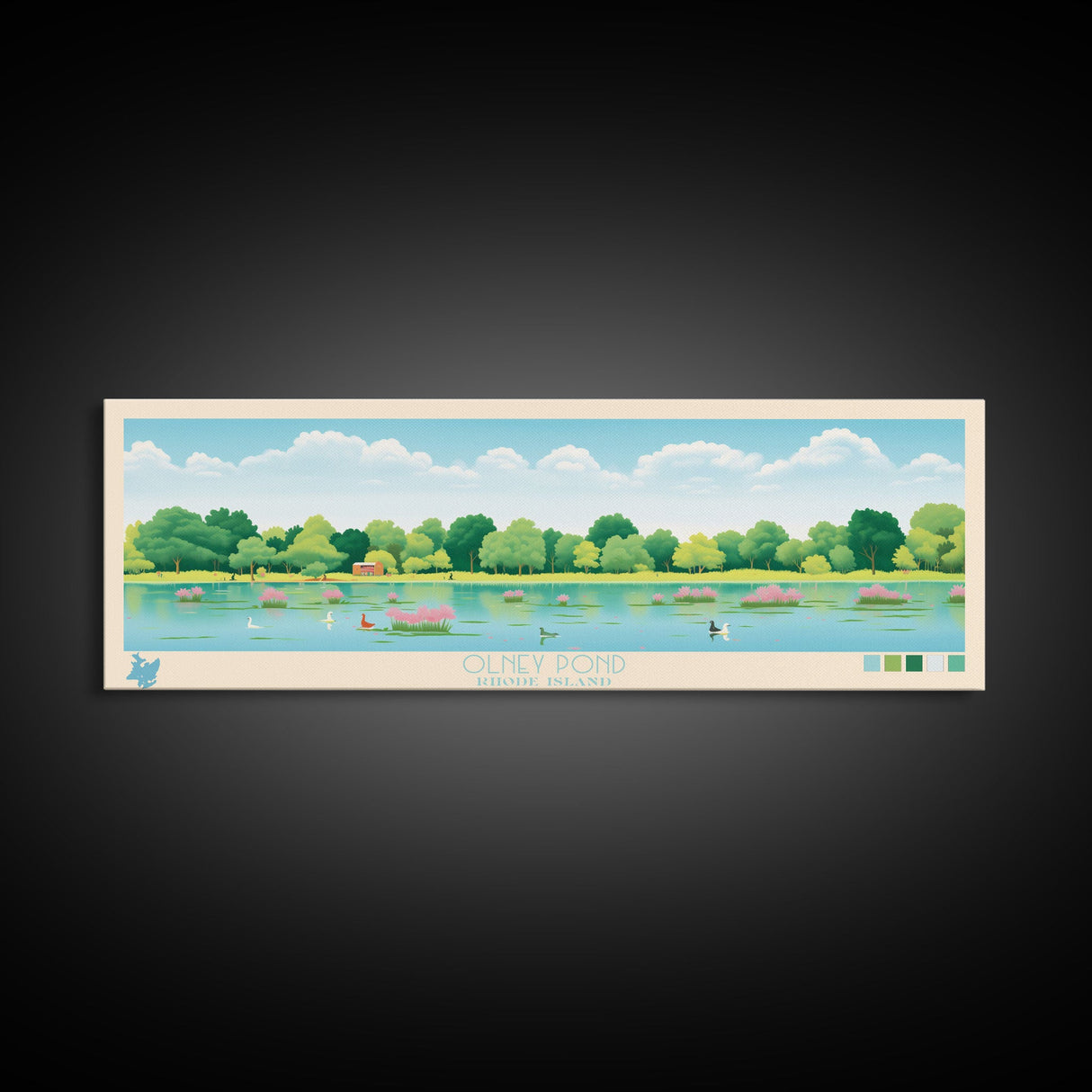 Olney Pond, Rhode Island Framed Canvas Print, Panoramic Wall Art, Midcentury Modern, Pop Art, Home Decor, Travel Poster, Living Room Art