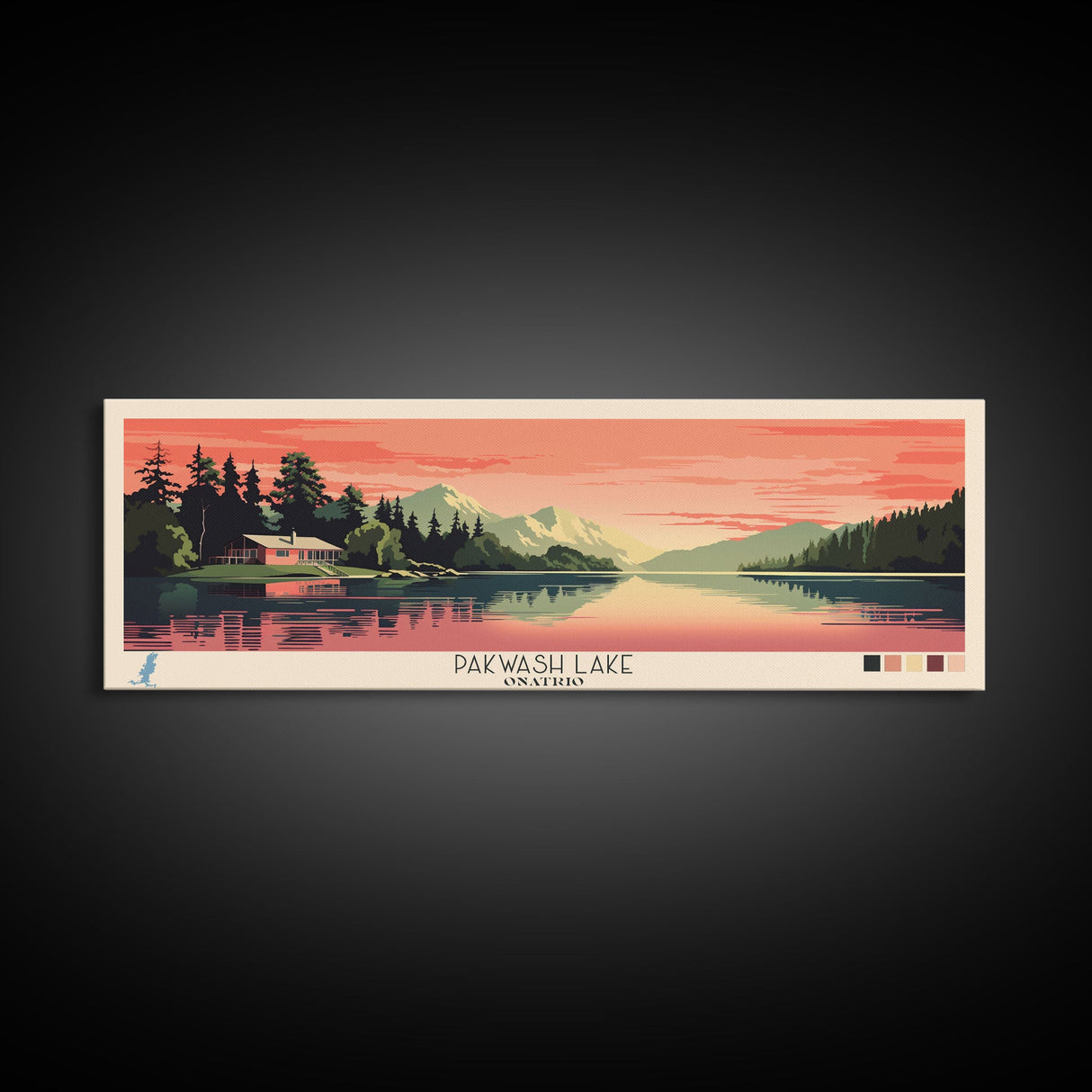 Pakwash Lake, Ontario Framed Canvas Print, Panoramic Wall Art, Midcentury Modern, Pop Art, Home Decor, Travel Poster, Bedroom Art