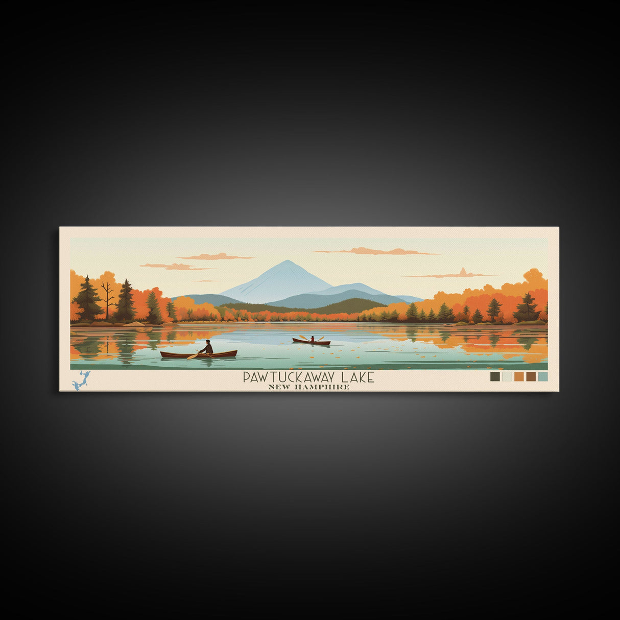 Pawtuckaway Lake, New Hampshire Framed Canvas Print, Panoramic Wall Art, Midcentury Modern, Pop Art, Home Decor, Travel Poster, Bedroom Art