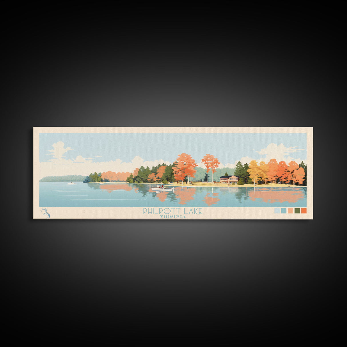 Philpott Lake, Virginia Framed Canvas Print, Panoramic Wall Art, Midcentury Modern, Pop Art, Home Decor, Travel Poster, Living Room Art