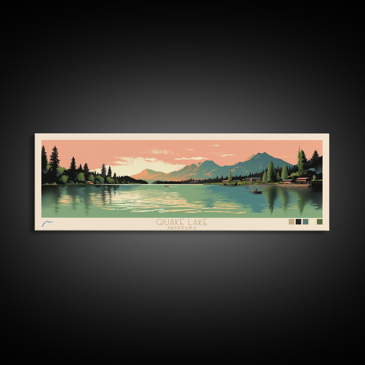 Quake Lake, Montana Framed Canvas Print, Home Decor, Midcentury Modern, Panoramic Wall Art, Pop Art, Travel Poster