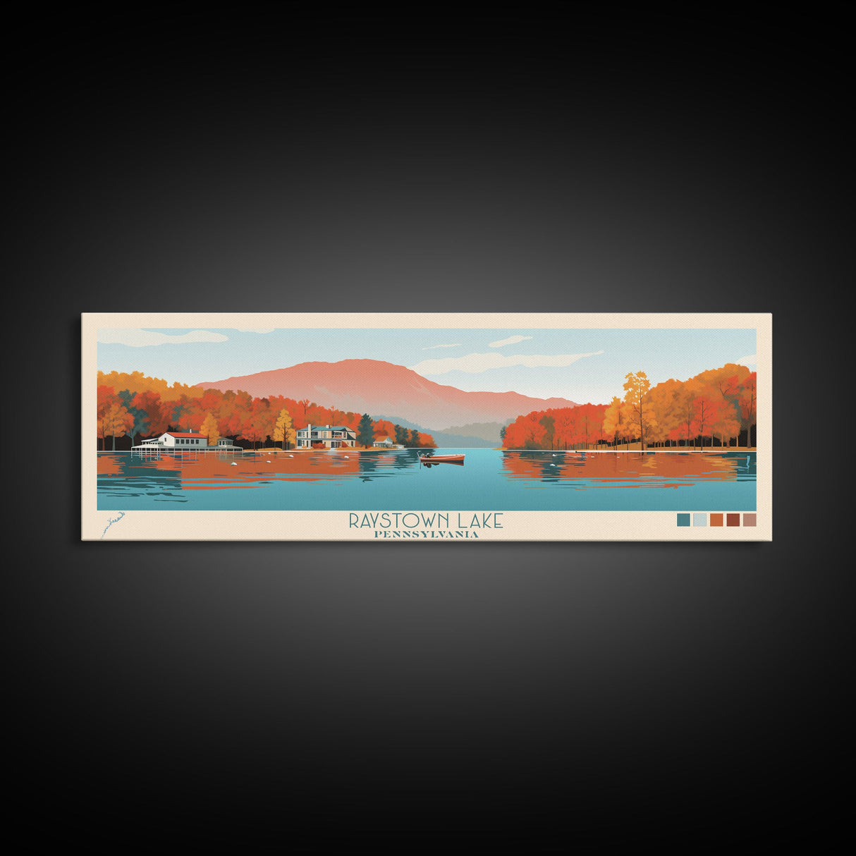 Raystown Lake, Pennsylvania Framed Canvas Print, Living Room Art, Midcentury Modern, Panoramic Travel Poster, Wall Art, Pop Art