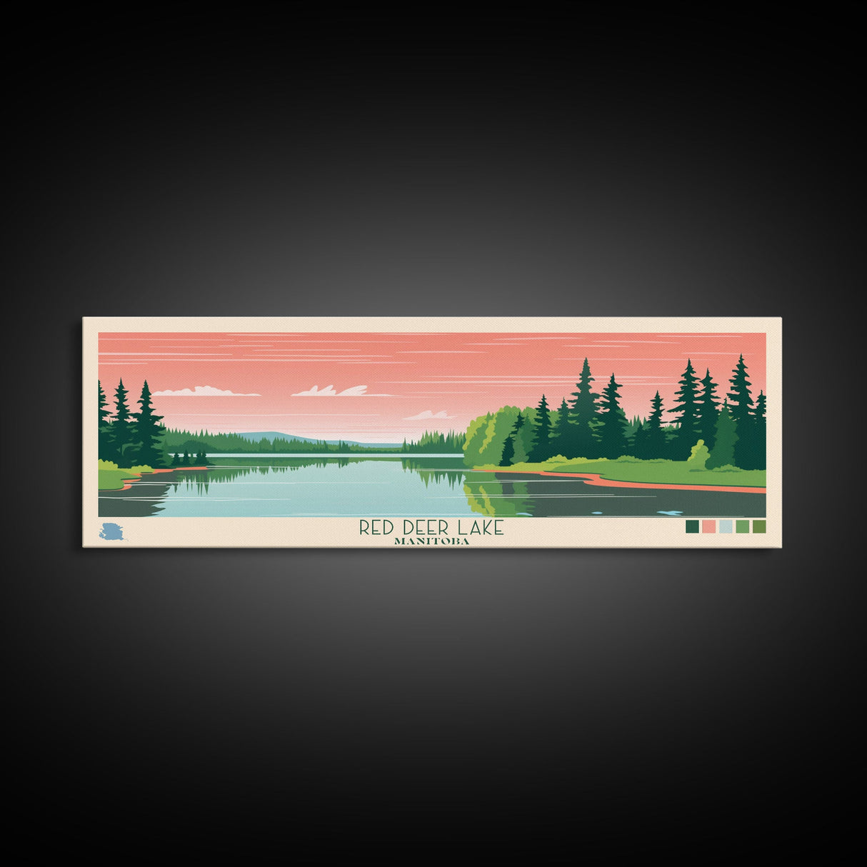 Red Deer Lake, Manitoba Framed Canvas Print, Panoramic Travel Poster, Midcentury Modern Art, Wall Decor, Pop Art, Home Decoration