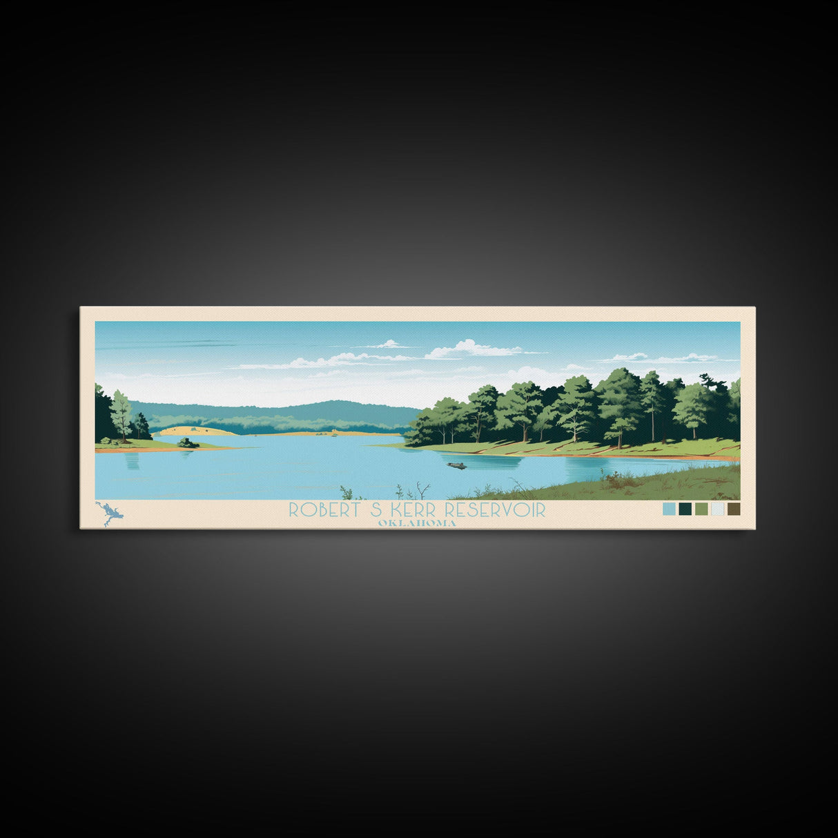 Robert S. Kerr Reservoir, Oklahoma Framed Canvas Print, Panoramic Wall Art, Midcentury Modern Decor, Home Decoration, Pop Art, Travel Poster