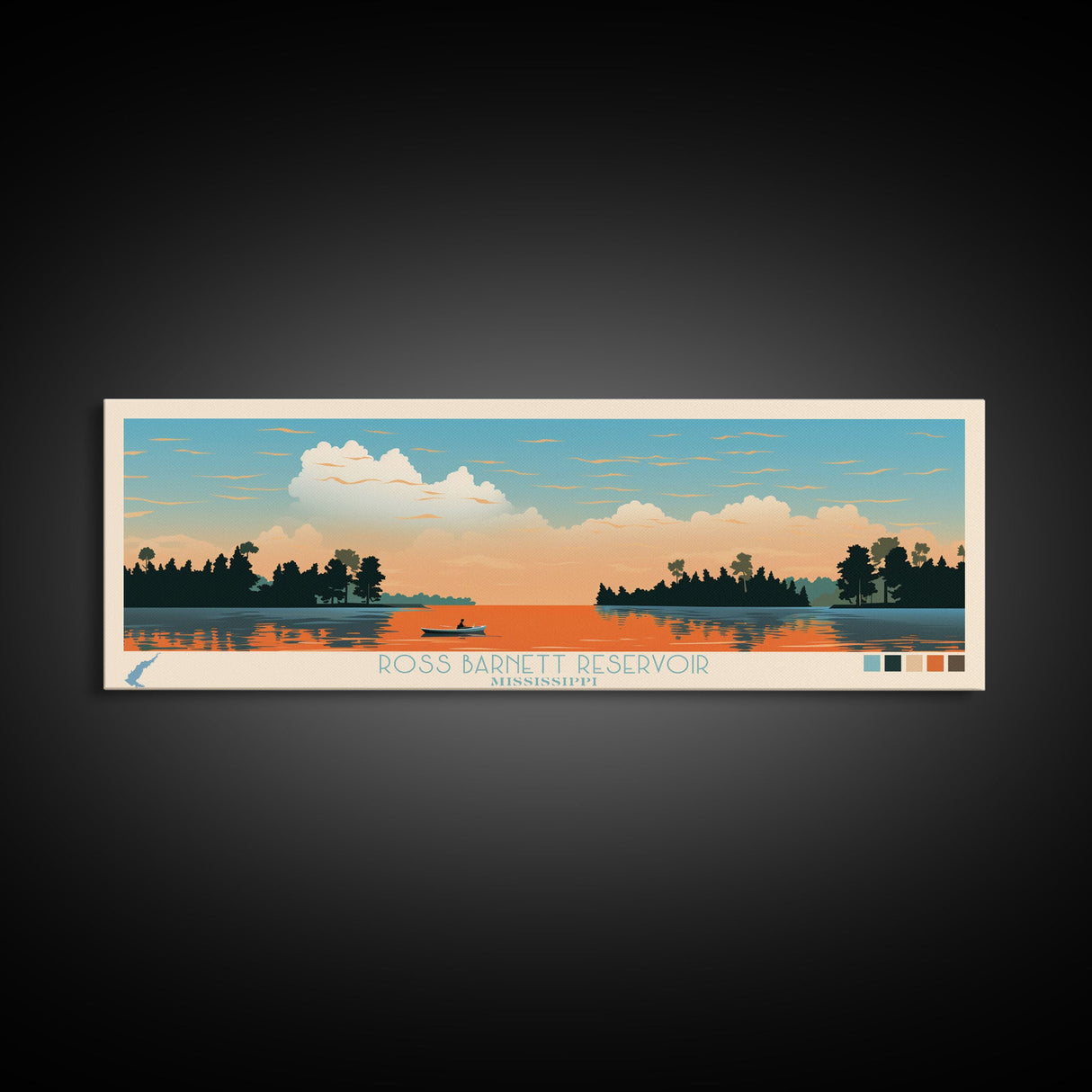 Ross Barnett Reservoir, Mississippi Framed Canvas Print, Panoramic Wall Art, Midcentury Modern Decor, Living Room Art, Pop Art, Travel Poster