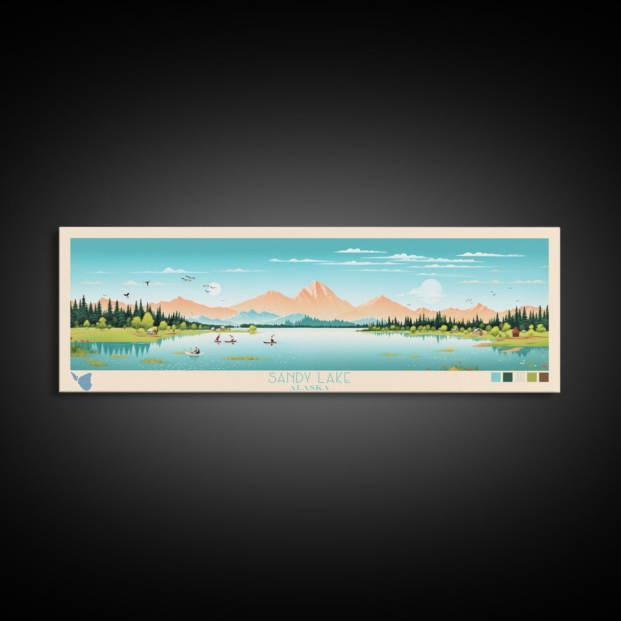 Sandy Lake, Alaska Framed Canvas Print, Panoramic Travel Poster, Midcentury Modern Art, Living Room Decor, Pop Art, Wall Art