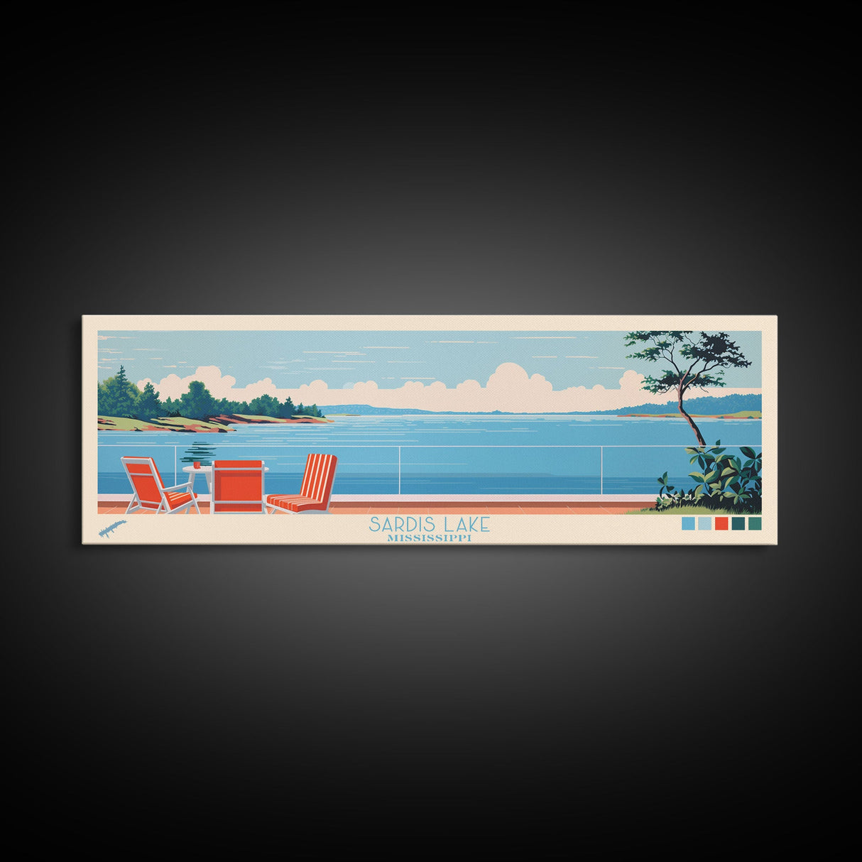 Sardis Lake, Mississippi Framed Canvas Print, Panoramic Wall Art, Midcentury Modern Decor, Bedroom Art, Pop Art, Travel Poster